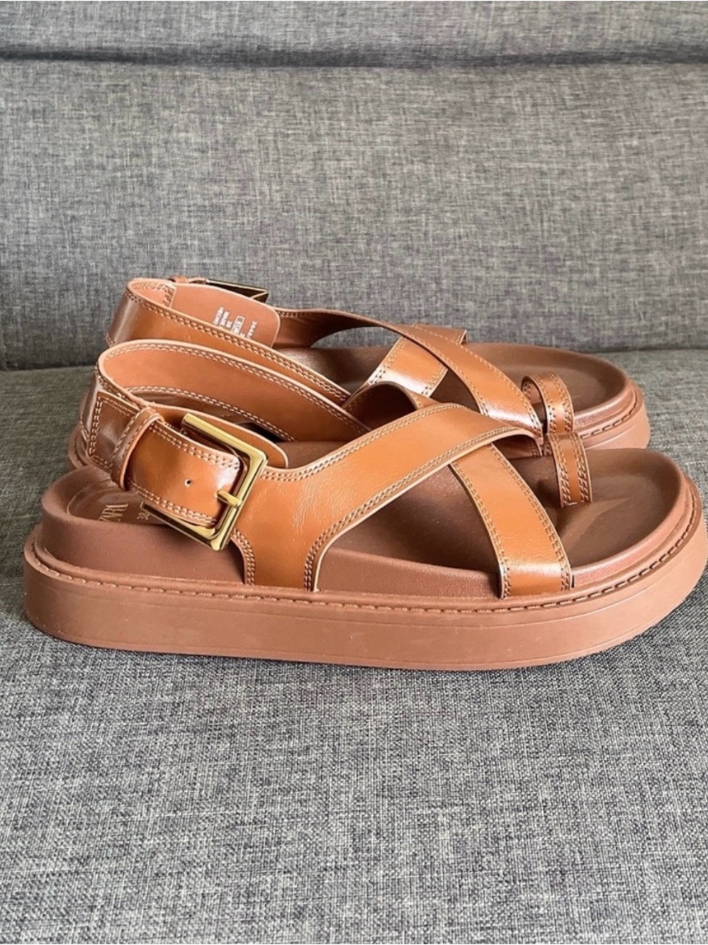 Zara Tan Leather Crisscross Sandals with Gold Buckles - Picture 2 of 4
